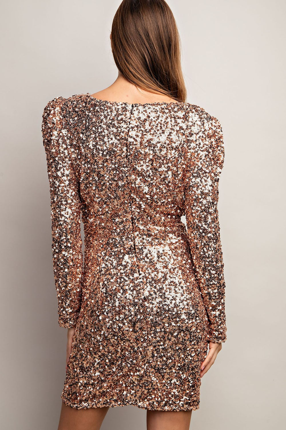 long sleeve sequin gold dress Long Sleeve Sequin V-Neck Dress – Small Town Variety