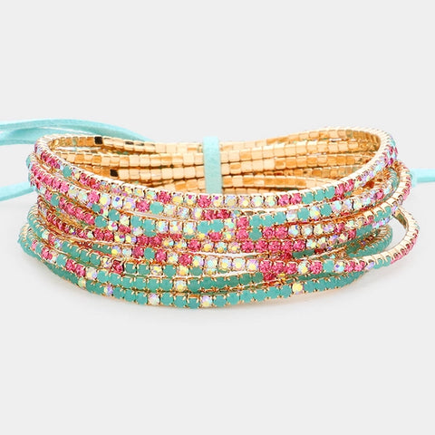 12PCS - Ribbon Colorful Rhinestone Layered Stretch Bracelets