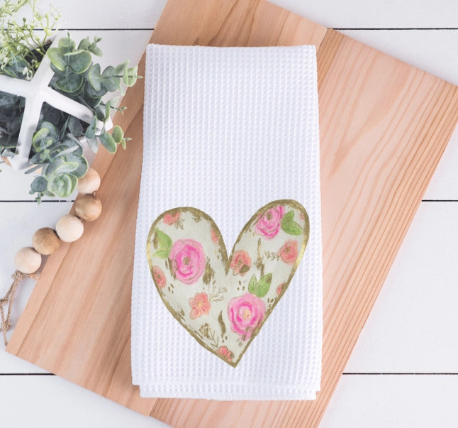 Watercolor Floral Faux Gold Foil Heart Dish Towel