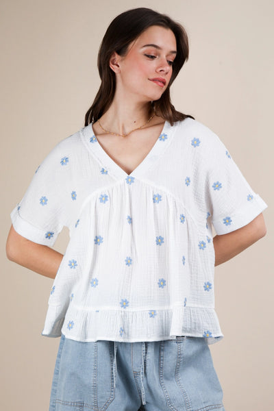 Flower Embroidered Woven Blouse Top | White