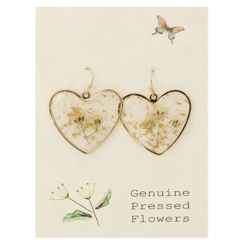 Queen Anne's Lace Dried Flower Heart Earrings