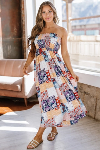 Ivy Patchwork Smocked Midi Dress