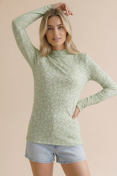 Merrow Hem Long Sleeve Floral Print Top | Sage
