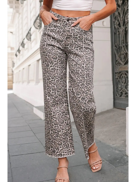 Leopard Frayed Edge Wide Leg High Waist Jeans