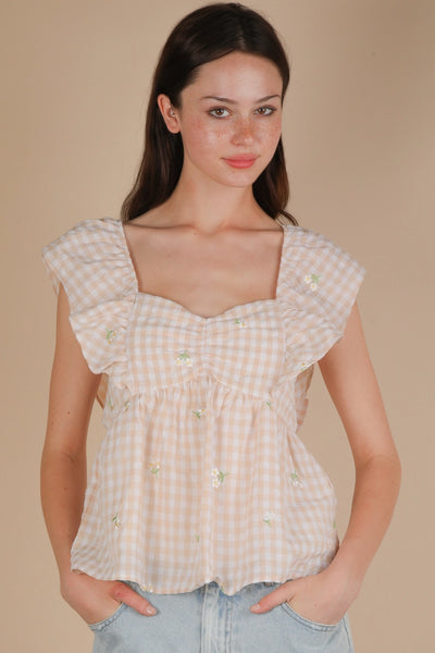 Embroidered Check Sleeveless Blouse | Taupe Flower