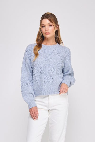 Floral Embroidery Sweater | Heather Blue