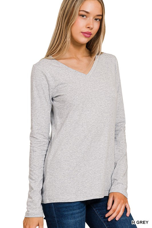 Cotton V-Neck Long Sleeve T-Shirt | Heather Gray