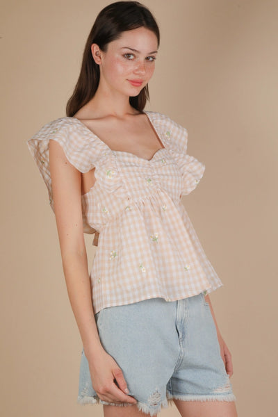Embroidered Check Sleeveless Blouse | Taupe Flower