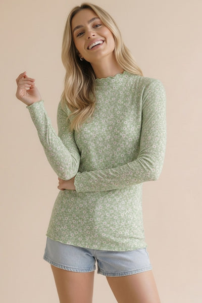 Merrow Hem Long Sleeve Floral Print Top | Sage