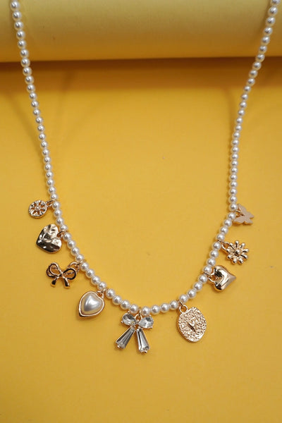 Charm Necklace-Bow Sunflower Heart Pearl Chain