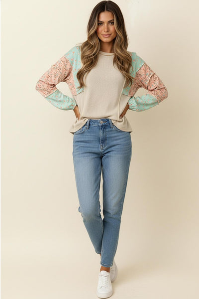 Floral Color Block Long Sleeve Knit Top | Oatmeal/Sage