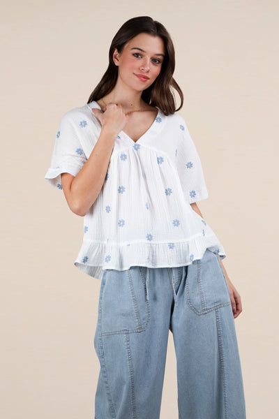 Flower Embroidered Woven Blouse Top | White