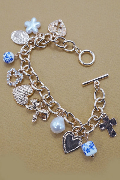 Ceramic Porcelain Heart Bow Pearl Charm Bracelet