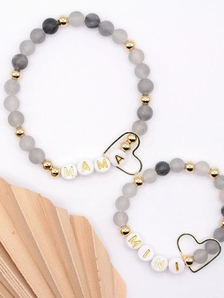 Mama Mini Matching Black Gray Beaded Bracelet Set