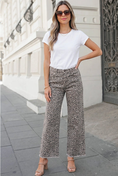 Leopard Frayed Edge Wide Leg High Waist Jeans