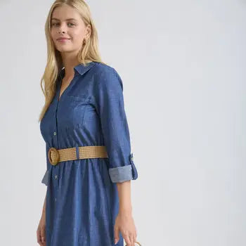 3/4 Tab Sleeve Button Down Belted Denim Dress | Denim