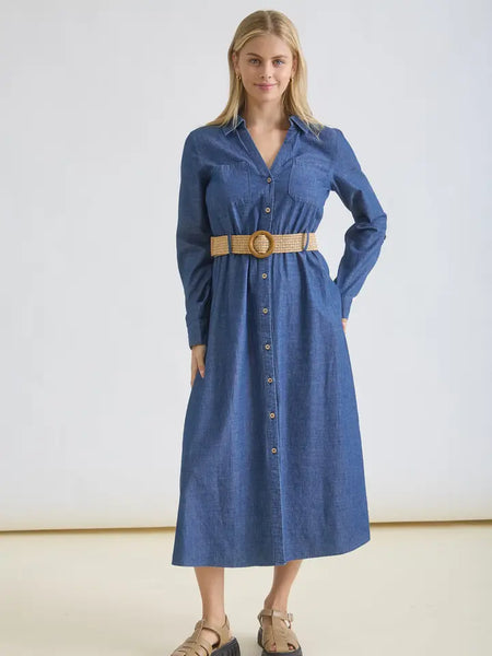 3/4 Tab Sleeve Button Down Belted Denim Dress | Denim