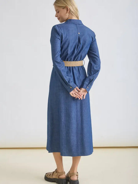 3/4 Tab Sleeve Button Down Belted Denim Dress | Denim