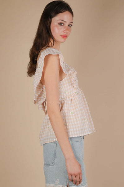 Embroidered Check Sleeveless Blouse | Taupe Flower