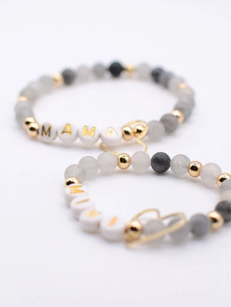 Mama Mini Matching Black Gray Beaded Bracelet Set