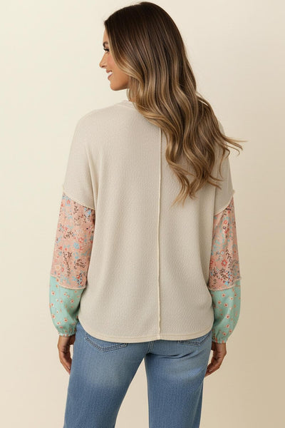 Floral Color Block Long Sleeve Knit Top | Oatmeal/Sage