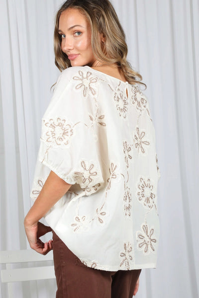 3D Floral Embroidery Elegant Blouse | Cream