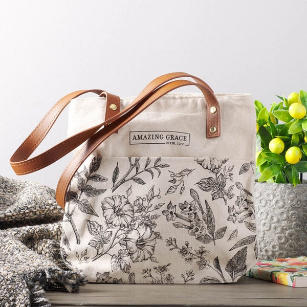 Cream/Brown Amazing Grace 2 Cor. 12:9 Canvas Tote