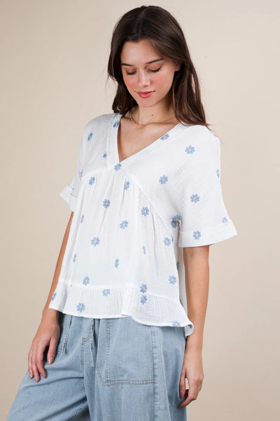 Flower Embroidered Woven Blouse Top | White
