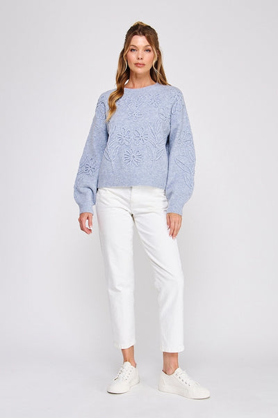 Floral Embroidery Sweater | Heather Blue