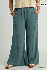 PLUS-Linen Wide Leg Pants | Slate Blue