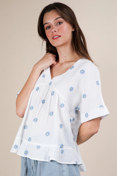 Flower Embroidered Woven Blouse Top | White