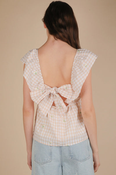 Embroidered Check Sleeveless Blouse | Taupe Flower