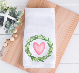 Wreath with Pink Heart Valentine Dish Towel