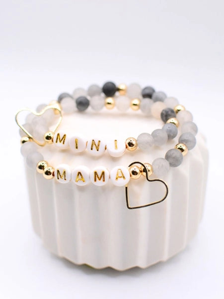 Mama Mini Matching Black Gray Beaded Bracelet Set