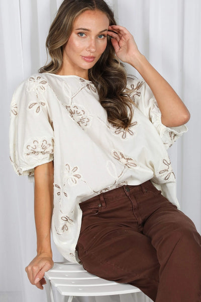 3D Floral Embroidery Elegant Blouse | Cream