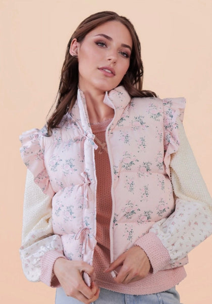 Front Bow Floral Puffer Vest | Pink