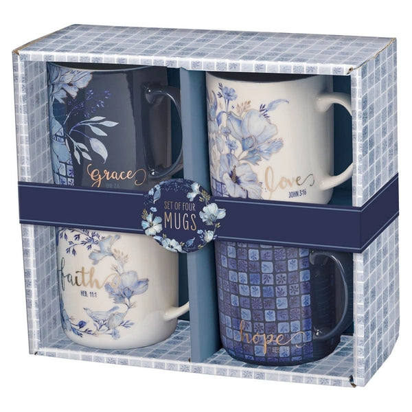 Blue Floral Geometric 4pc Mug Set