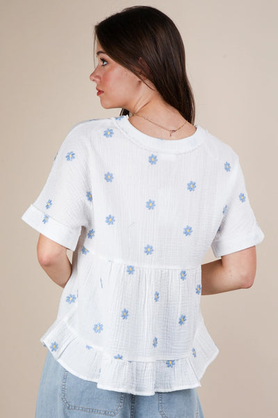 Flower Embroidered Woven Blouse Top | White