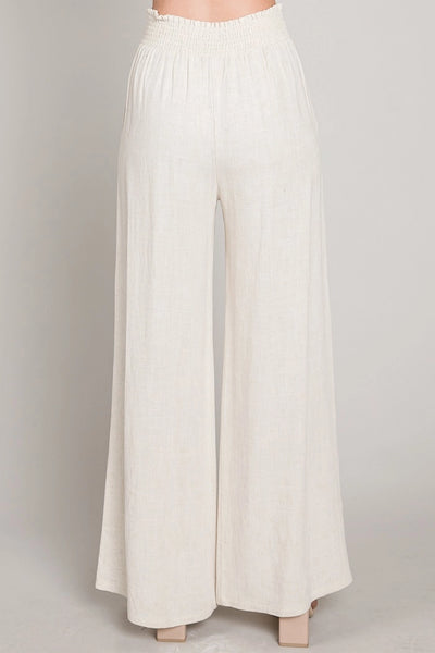 Soft Linen Smocked Waist Wide Leg Pants