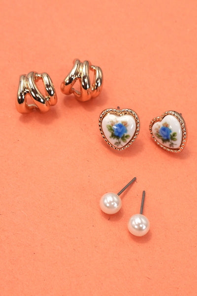 Heart Floral Porcelain Stud Hoop Trio Earrings