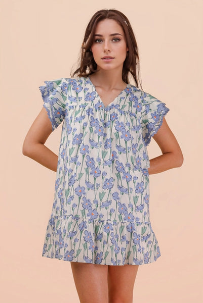 Floral Printed Ruffled Mini Dress | Blue