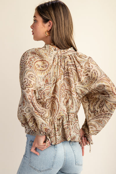 Printed Long Sleeve Baby Doll Blouse