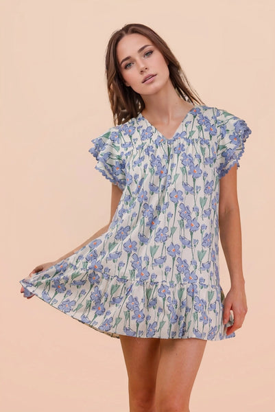 Floral Printed Ruffled Mini Dress | Blue