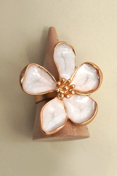 Adjustable White Enamel Gold Floral Statement Ring