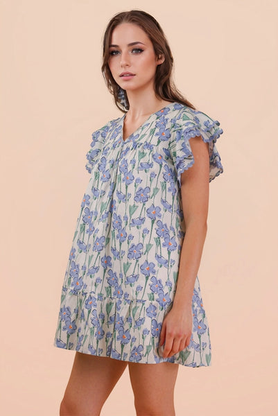 Floral Printed Ruffled Mini Dress | Blue
