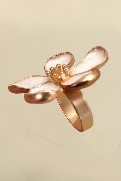 Adjustable White Enamel Gold Floral Statement Ring