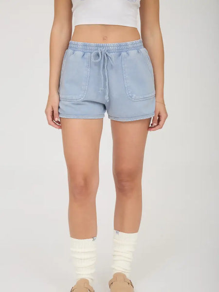 Acid Washed Drawstring Knit Shorts | Light Blue