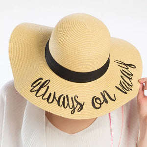 'Always on Vacay' Embroidery Straw Floppy Hat-Beige