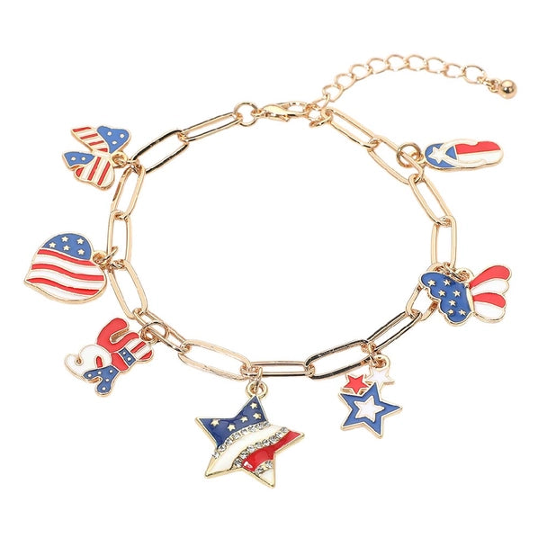American USA Flag Patriotic Star Heart Charm Chain Bracelet