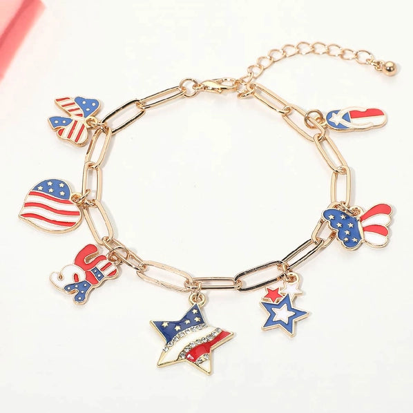 American USA Flag Patriotic Star Heart Charm Chain Bracelet